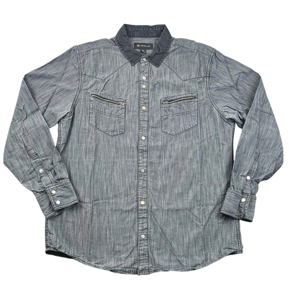 INC International Concepts Men L Blue Gray Western Snap Shirt Zip Pockets Cotton